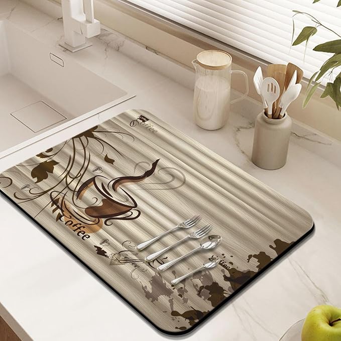 Coffee Bar Mat Accessories for Countertop - Super Absorbent Anti-Slip Silicone Flower Dish Drying Mats for Kitchen Counter - Draining Pad Decor Gift Fit Maker Pot Espresso Machine 24inx18in