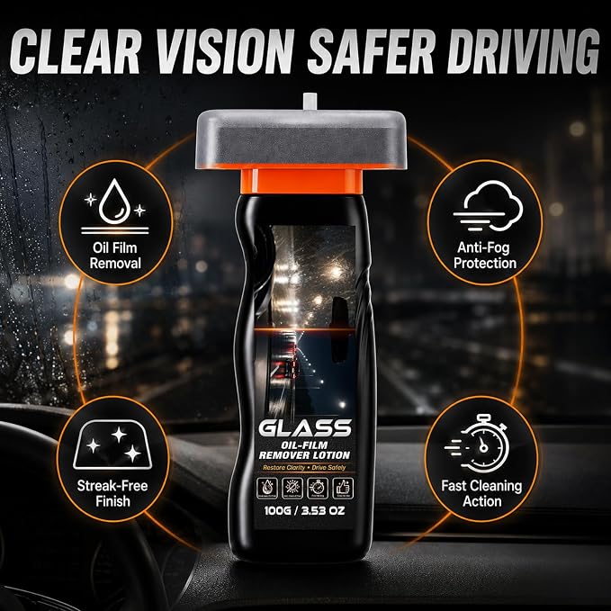 Oil Film Remover for Car Windshield, Automotive Glass Cleaner for Windows | Removes oil film, road grime and water spots to restore clear glass for safer driving on windshields, mirrors and windows