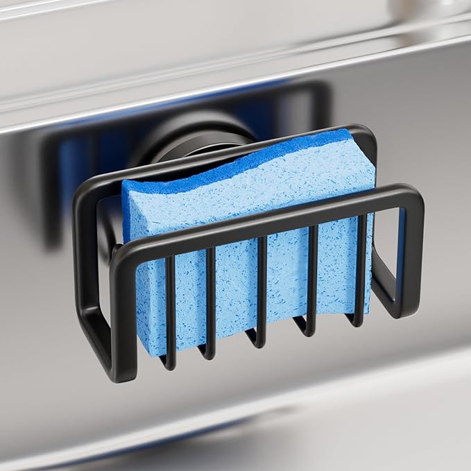 TAILI Sink Caddy with Strong Suction Cup, Sponge Holder for Kitchen Sink Oganizer, Removable Rustproof Aluminum Sponge Holder, Dish Brush for Scraper - Black