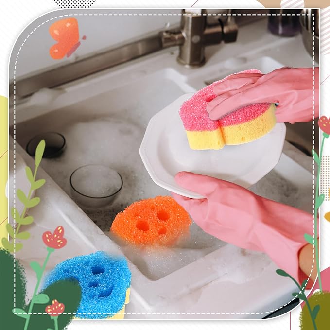 FillTouch 3 Pcs Dual Sided Scrub Sponge Multi Functional Cute Temperature Sensitive Non Scratch Dish Sponge for Washing Dishes Kitchen Bathroom(Dog,Pink, Orange, Blue)