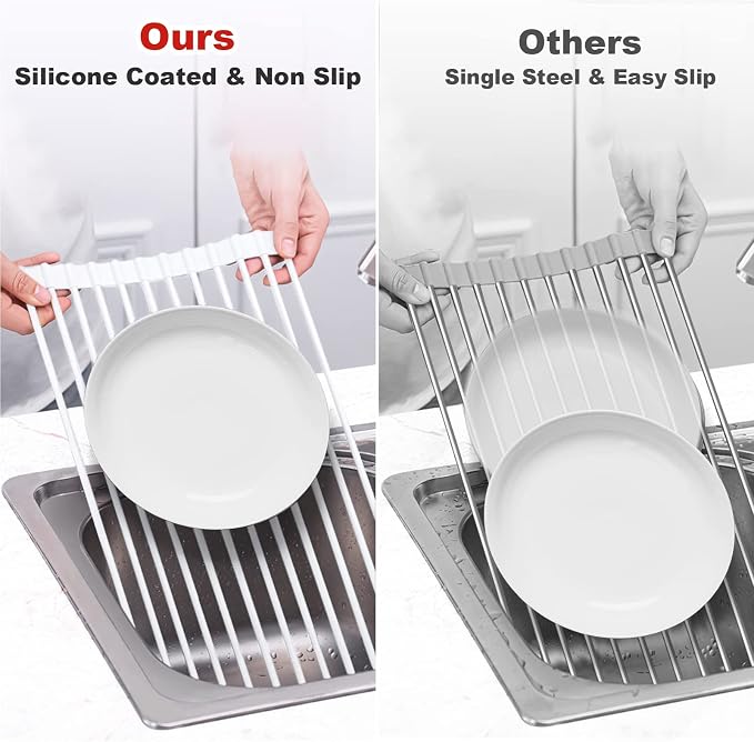 MERRYBOX Roll Up Dish Drying Rack, Silicone Wrapped Over The Sink Dish Rack Foldable Dish Drainer Anti-Slip Dish Racks for Kitchen Sink, Multipurpose Kitchen Sink Drying Rack, 17.5" x 13", White