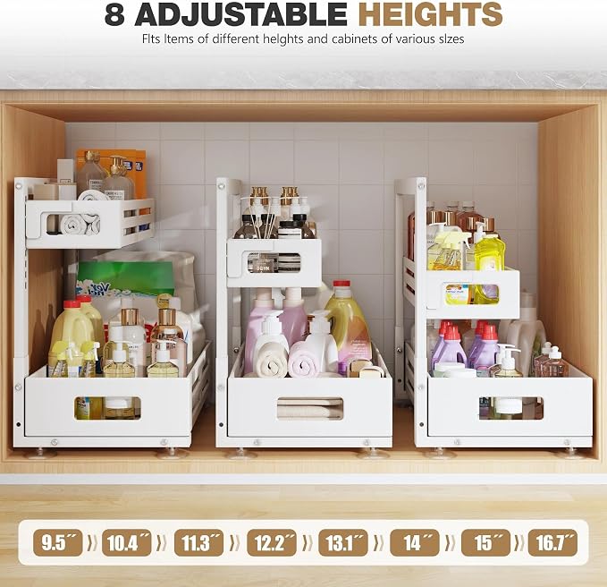 2 Pack 19IN-Depth Under Sink Organizer,Pull Out Cabinet Organizer With Smooth Cylindrical Rail,Metal Slide Out Drawer for Kitchen Bathroom Laundry,8-Level Tool Free Height Adjustable-White