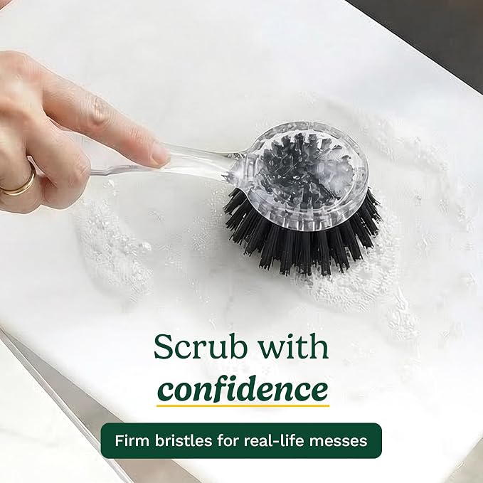 Cuisinart Dish Brush with Handle, 2 Pack, Firm Bristles | Multi-purpose dish scrubber for plates, pots, and pans, deep cleaning removes grease, safe for nonstick, round head