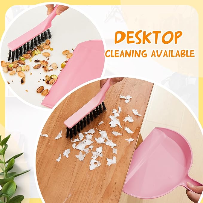 Sliner 18 Pack Mini Dustpan Brush Set Small Broom Set Bulk,Pink | Nesting Snap Plastic Dust Pans with Brush, Small, Handheld, Portable, Cleaning, Suitable for Desktop Pets Care Camping