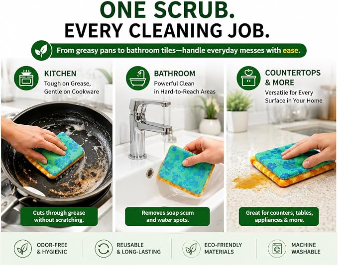 Reusable Dish Scrubbers (4 Pack) – Odor-Free Sponge Alternative, Non-Scratch Kitchen Scrubber for Dishes, Pots & Pans – Long-Lasting, Eco-Friendly Cleaning Pads