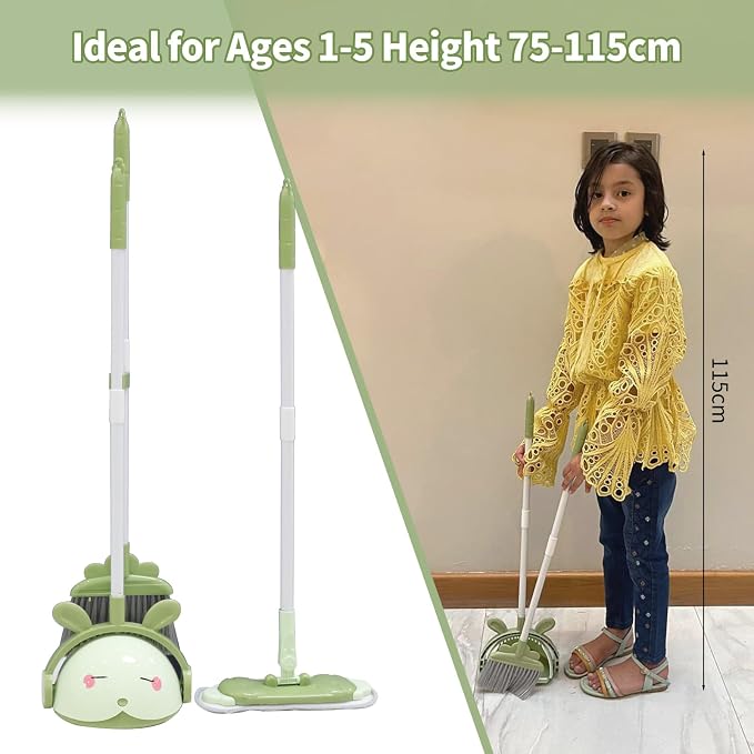 Midoneat Kids Cleaning Toy Set, Mini Child Broom, Mop and Dustpan, Little Housekeeping Helper Set ,Pretend Home Cleaning Play Set for Toddler Height 75-115cm,6pcs (Green)