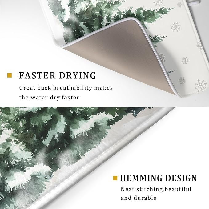 Winter Pine Tree Dish Drying Mat for Kitchen Counter 18x24 Inch Winter Decorative Dishes Mats Winter Absorbent Reversible Kitchen Drainer Pad Christmas Decorations Fast Dry Tableware Dishes Pad