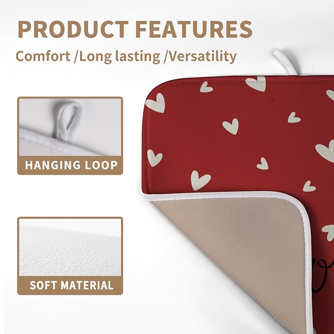 Valentines Day Dish Drying Mat 18x24 Inch Valentine Red Love Heart Drying Mats for Kitchen Counter Super Absorbent Microfiber Medium Dish Drying Pad Heat Resistant Dish Draining Rack Mat