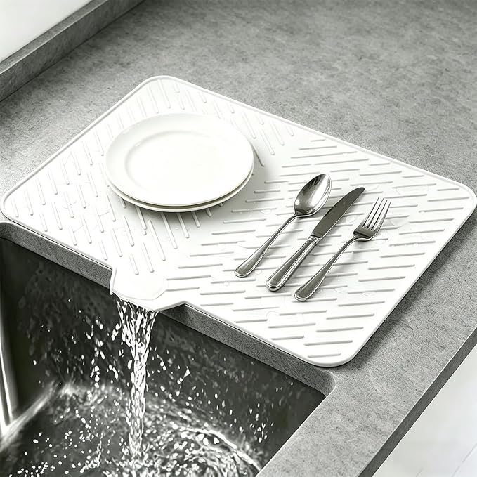 Silicone Dish Drying Mat for Kitchen Counter,23"X17" With Built-in Drain Lip,Food-Grade Silicone,Heat-Resistant Eco-friendly Hygienic Drying Mat Leak-Proof and Non-Slip,Multi-Functional Use（White）
