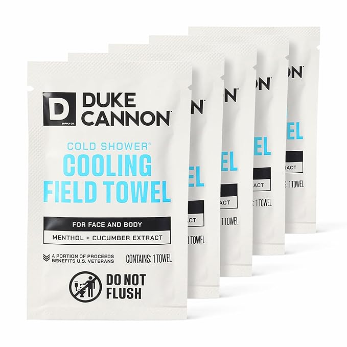 Duke Cannon Cold Shower Cooling Field Towels, 15 Count, 1 Box | Menthol, aloe and jojoba provide instant cooling and cleansing with 15 individually wrapped towels in a resealable pouch.