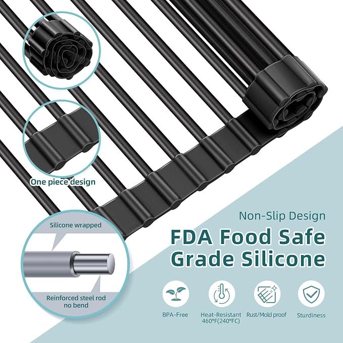 Ohuhu Over The Sink Dish Drying Rack, 20.5" W x 13.1" L Rolling Dish Drainer Foldable Sink Accessories Heat-Resistant Mat Anti-Slip Silicone Coated Dish Racks for Kitchen Counter