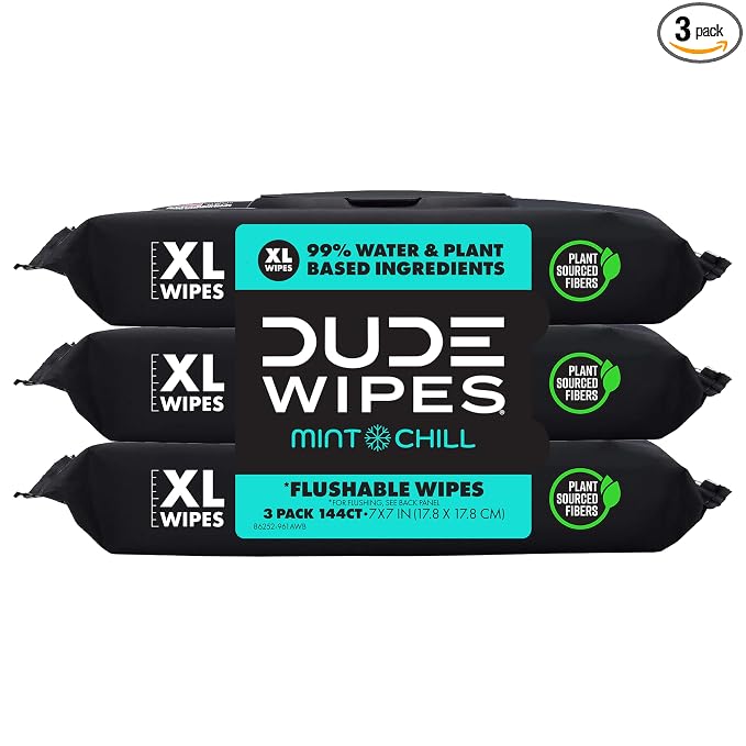 DUDE Wipes Mint Chill Adult Flushable Wet Wipes, Refreshing, 144 Count | 3 packs of 48 extra large flushable butt wipes. Plastic-free wipes, 99% water, tea tree oil, vitamin E and aloe. Septic safe.