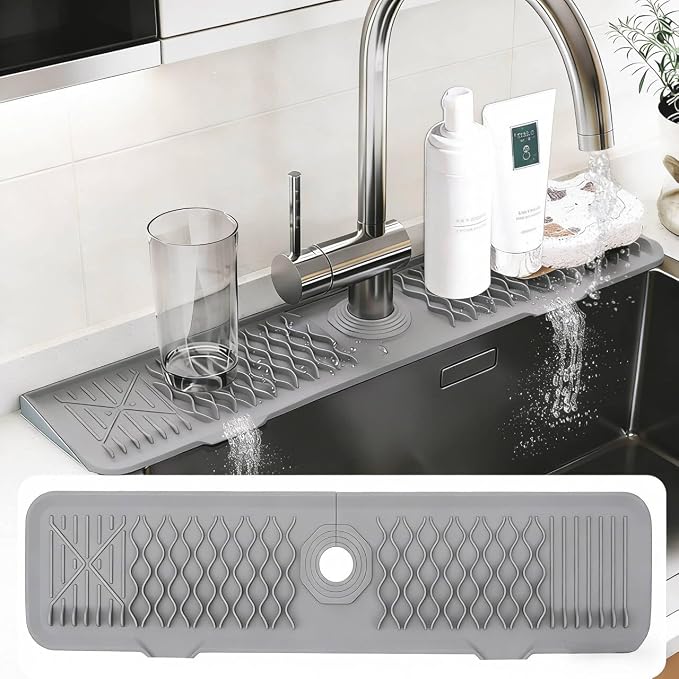 EBIGIC 24 Inch Silicone Faucet Mat for Kitchen Sink, 7° Slope Fast Self-Draining Sink Splash Guard, Kitchen Sink Water Catcher Organizer, Kitchen Sink Accessories (Gray, 24''x5.6'')