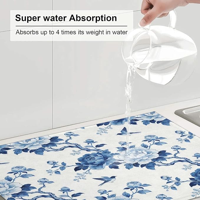 Chinoiserie Dish Drying Mat, for Kitchen Counter Microfiber Absorbent, Blue and White Dish Draining Mat Extra Large 18"x24"