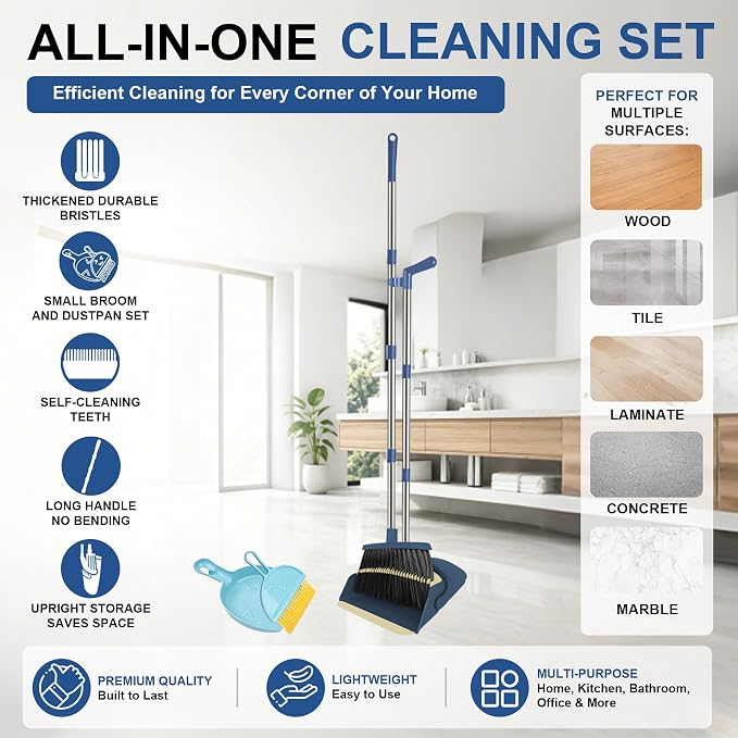 Broom and Dustpan Set, 51" Long Handle Broom with Mini Set Navy Blue | Mini Set for Tables, Kitchens & Tight Spaces, Built-in Comb Dustpan, Foldable Space-Saving Storage, Multi-Surface Use