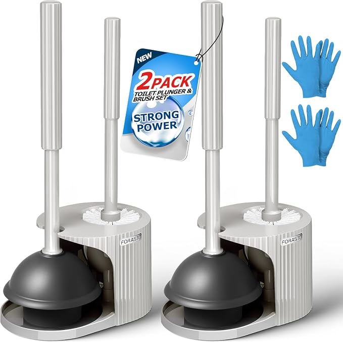 FORASTO 2Pack 2 in 1 Toilet Brush and Plunger Set,Clean Gloves, Extended Handle Plunger，Toilet Bowl Brush Plunger Set,Bathroom Cleaning Tools,Toilet Brush Plunger Combo,Cleaning Brush(Light Grey) | 21", Cleaning Gloves, Heavy Duty Rubber Toilet Bowl Cl...