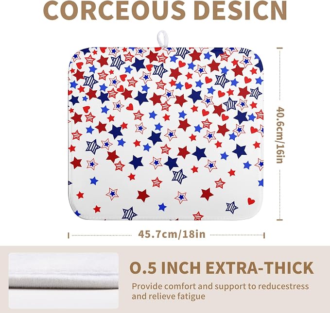 4th of July Dish Drying Mat for Kitchen Counter Patriotic Stars Dishes Drainer Mats Independence Memorial Day Microfiber Absorbent Dish Draining Pad 16"x18"