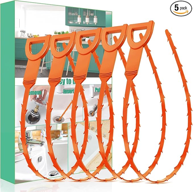 Drain Snake Hair Drain Clog Remover - 5 Pack Shower Snake Sink Unclogger Tool with Exquisite Packaging (Orange)