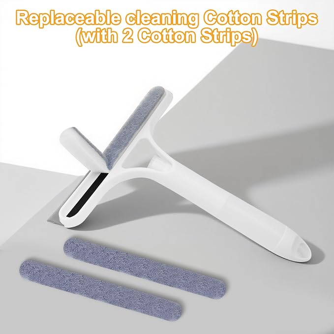 3-in-1 Spray Window Squeegee with Scraper and 2 Cotton Pads, Blue | Spray, wipe, and squeegee glass with one handheld tool; includes two replaceable cotton cleaning strips