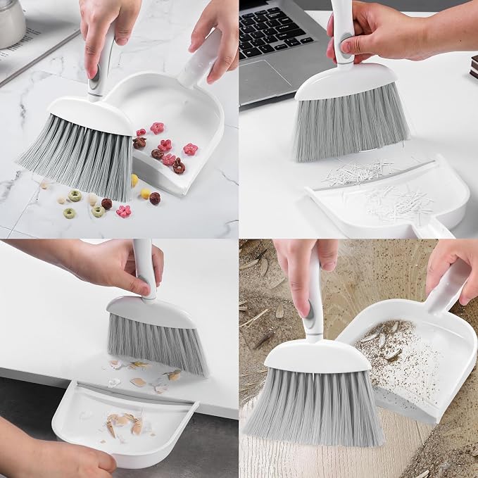 NACENA Small Dust Pan and Brush Set, Mini Broom and Dustpan Set, White&Gray | Small Hand Broom and Brush Combo Dust Pan with Teeth for Home Cleaning Drawers Desktop Sofas and Outdoor