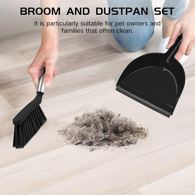NACENA Mini Broom and Dustpan Set, 2 Packs, Black | Small Dust Pan and Brush Set with Handle Dustpan Teeth for Cleaning Hair Suitable for Desks Sofas Pet Care Outdoor Camping
