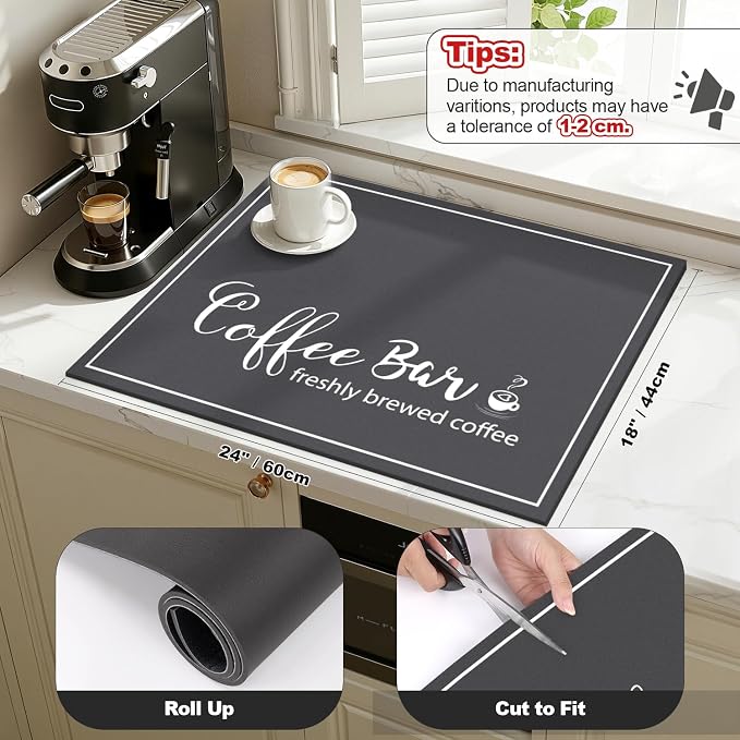 Findosom Dish Drying Mat, 18" x 24" Super Absorbent & Hide Stain Coffee Mat, Cuttable Drying Mat for Kitchen Counter, Coffee Bar Accessories, Under Dish Rack, Coffee Maker, Espresso Machine, DarkGrey