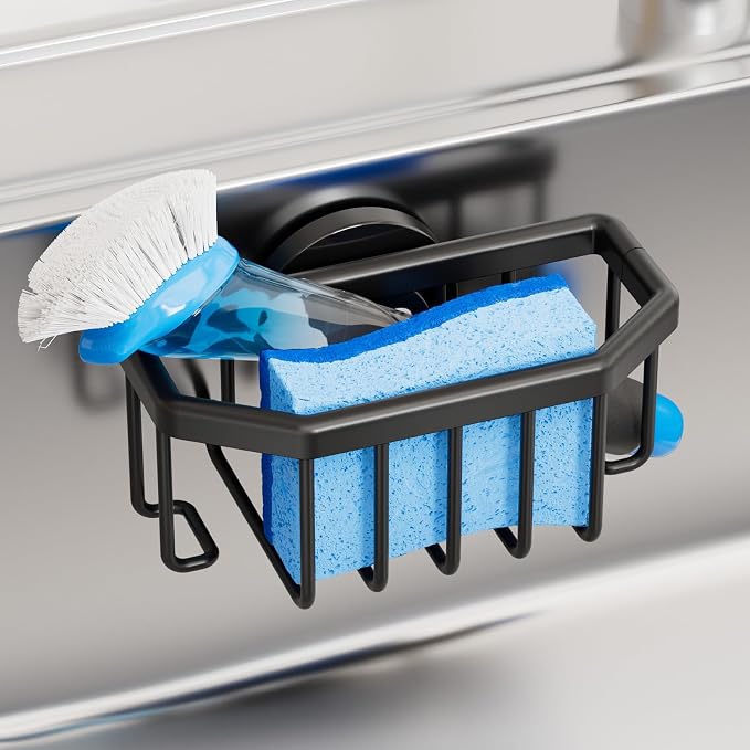 TAILI Sink Caddy with Strong Suction Cup, Sponge Holder for Kitchen Sink Organizer, Removable Sponge Caddy Inside Sink, Rustproof Aluminum Holder for Sponges, Brushes - Black
