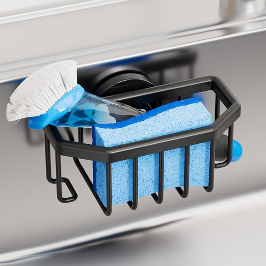 TAILI Sink Caddy with Strong Suction Cup, Sponge Holder for Kitchen Sink Organizer, Removable Sponge Caddy Inside Sink, Rustproof Aluminum Holder for Sponges, Brushes - Black