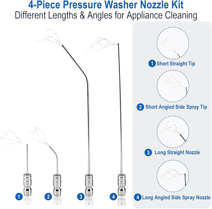 Pressure Washer Needle Nozzle Kit,4 Pack Stainless Steel Flush Wand Tips | 1/4-Inch Quick-Connect Side-Spray Nozzles, for Cleaning Car Crevices, Tires, Door Jambs, Washing Machines AC Coils