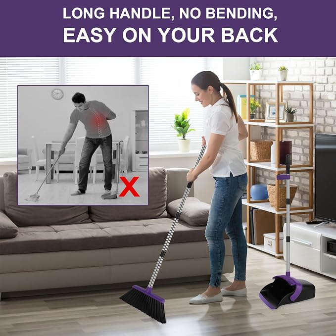 Broom and Dustpan Set with Long Handle, 55" Broom, Pet Hair Rubber Lip Upright Dustpan with Built-in Comb, Standing Dust Pan Set for Home Kitchen Office Indoor Outdoor