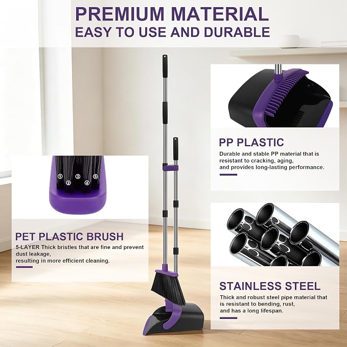 Broom and Dustpan Set 2 Pack, Upright Stand Up Broom and Dustpan Combo with Long Handles, Self-Cleaning Dustpan Teeth, Indoor Outdoor Sweeping Set for Home, Kitchen, Garage Pet Areas Purple