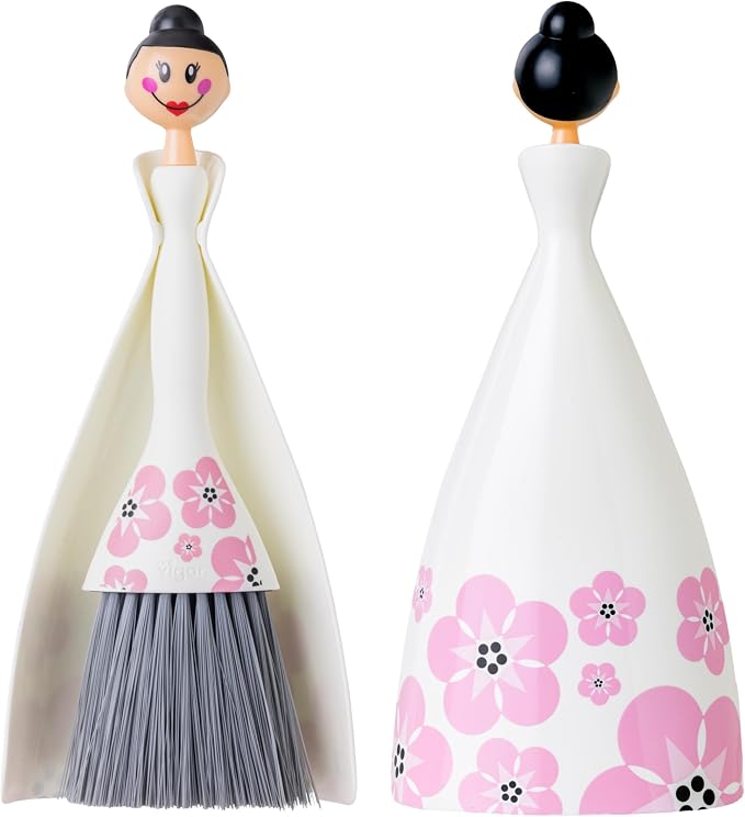 Vigar Mini Broom and Dustpan Set - Small Broom and Dustpan, Hand Broom for Desk, Kitchen, Car, Crumb Brush for Dust & Pet Hair, Decorative Doll Design, Portable Dust Pan Brush for Indoor - White