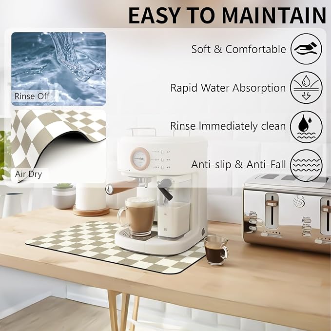 Dish Drying Mat for Kitchen Counter,11.8"x 18.9" Super Absorbent Kitchen Dish Drying Pad, Coffee Bar Mat with Rubber Backed, Coffee Bar Accessories for Countertop,Beige Checkered