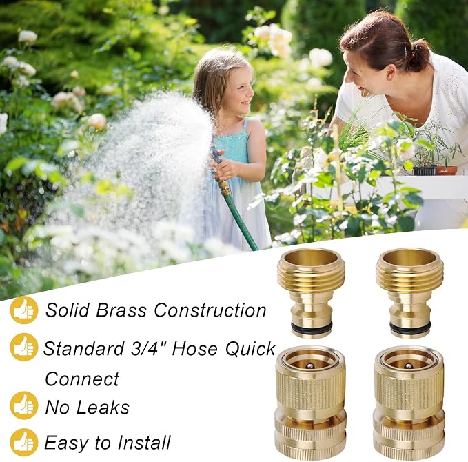 Brass Hose Quick Connect, 3/4 Inch GHT Garden Hose Quick Connector | No-Leak Water Hose Quick Connect Fittings Male and Female - 2Packs