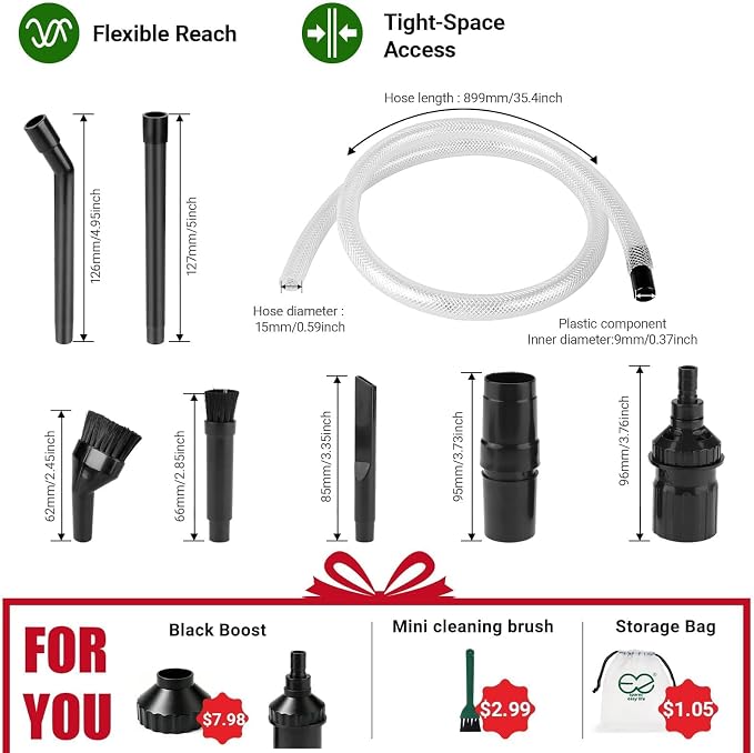 EZ SPARES 1-1/4" Micro Crevice Kit, Keyboard Car Vent Tools with Bag | Boosts suction in tight gaps and corners. Great for wood dust, pet hair, keyboard, car vents. Storage pouch included.