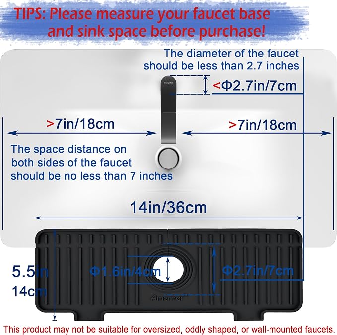 Amerner Kitchen Sink Splash Guard, 10° Large Slope & Adaptable Hole Faucet Mat for Kitchen Sink, Silicone Sink Organizer Sponge Holder for Kitchen, Bathroom, RV, Bar, 14.2” x 5.1”, Black