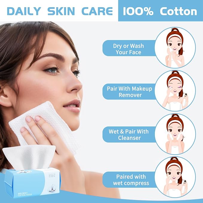 Cotton Facial Dry Wipes 100 Count, Deeply Cleansing Disposable Face Towel Wash Cloth, Multi-Purpose for Skin Care, Make-up Wipes and Facial Cleansing (4 Pack)