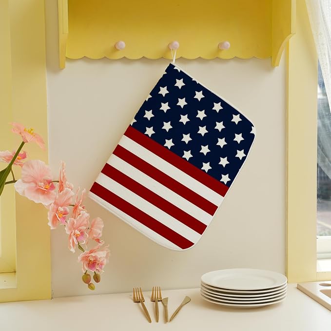 4th of July Dish Drying Mat 18x24 Inch Navy Blue Red Flag Stars Patriotic Drying Mat Independence Day Memorial Day Absorbent Dish Drying Pad Dish Rack Drainer Mats for Kitchen Dining Counter