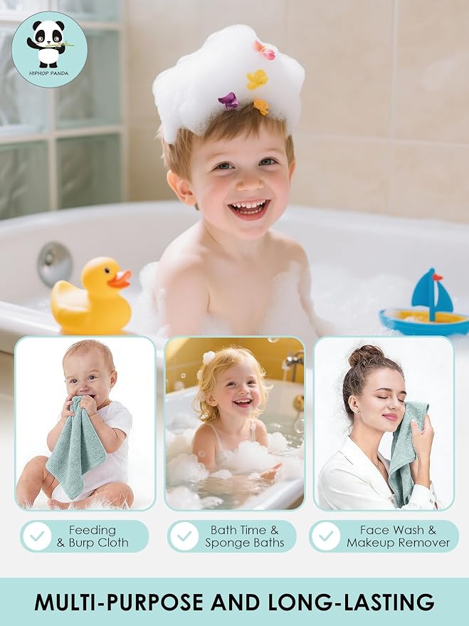 HIPHOP PANDA Baby Washcloths, Rayon Made from Bamboo - 2 Layer Ultra Soft Absorbent Newborn Bath Face Towel - Reusable Baby Wipes for Delicate Skin - Green, 6 Pack