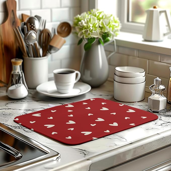 Valentine's Day Love Heart Dish Drying Mat for Kitchen Counter 16x18 Inch Valentine Theme Dish Mats Absorbent Microfiber Dish Draining Mat Reusable Washable Dish Drainer Rack Pad