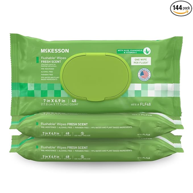 McKesson Flushable Adult Wet Wipes XL, Scented, 144 Wipes (3 Pack of 48) | Aloe & Vitamin E, Plant-Based Cleansing Wipes, Gentle on Skin, Plant-Based Adult Cleansing Wipes
