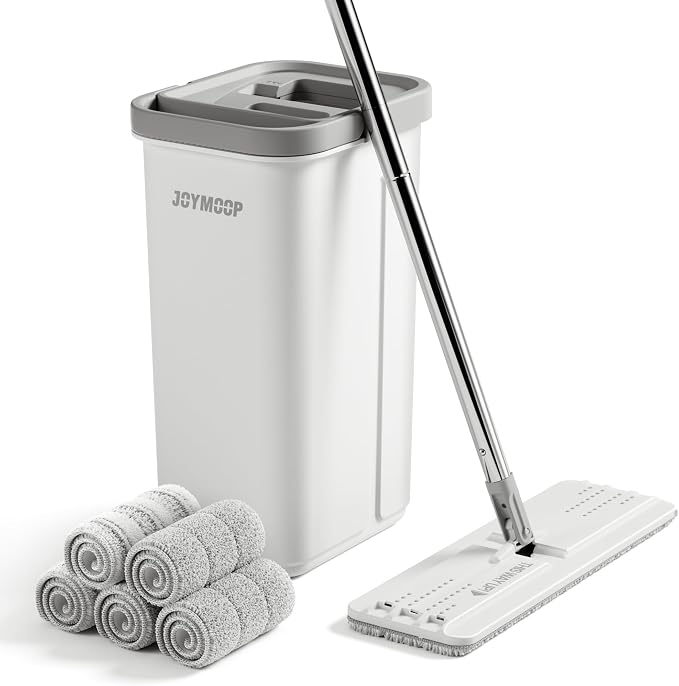 JOYMOOP Flat Mop System, Microfiber Mop and Bucket Set, White, Hands-Free Wet and Dry Floor Cleaning for Household and Commercial Use, Includes 5 Washable Pads