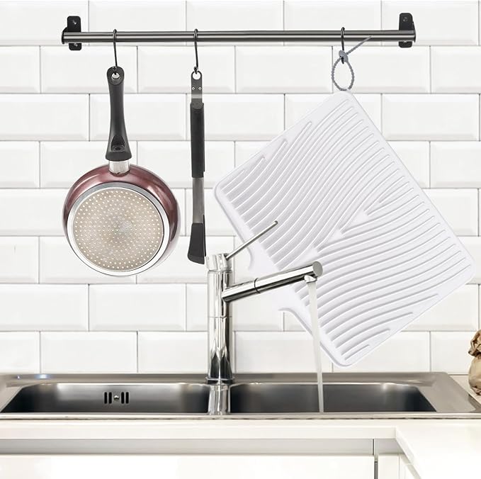 TIKNIK Silicone Dish Drying Mat for Kitchen Counter - Heat Resistant & Non-Slip Dish Drain Pad with Built-In Drain, Dishwasher Safe, Quick-Dry, Hangable & Roll-Up for Storage, White-1pcs, 20" x 15"