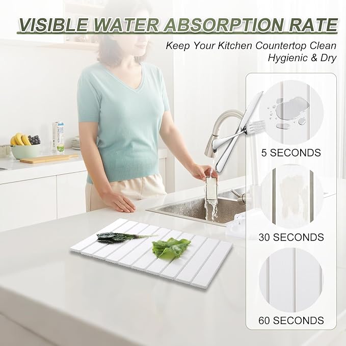 Dish Drying Mat Large Stone Dish Drying Mat For Kitchen Counter Collapsible Quick-Drying Sleek Diatomaceous Versatile Stone Drying Mats For Cups Dishes Bottles Marble (white, 16''X24'')