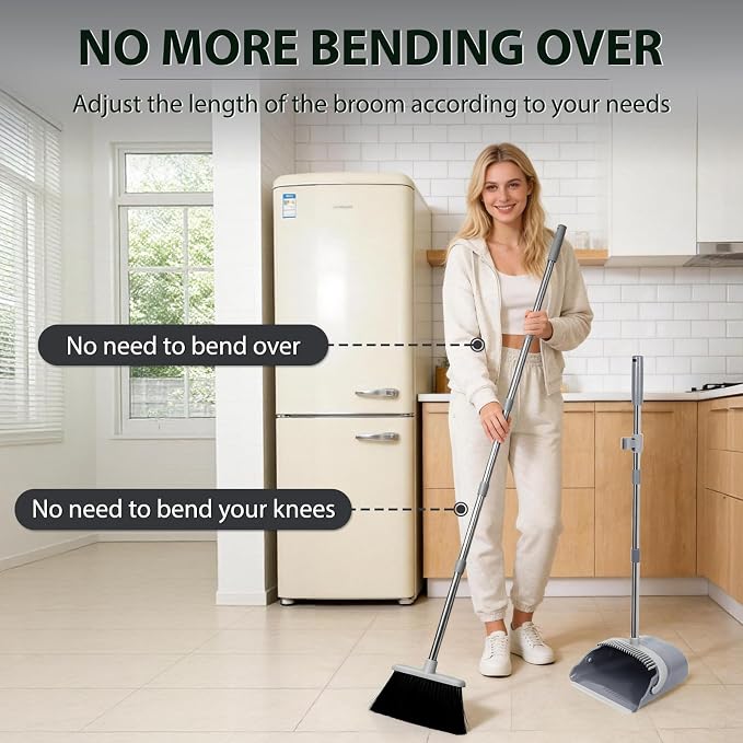 YZO Broom and Dustpan Set, 54.33 Inch Long Handle Standing Design, Dustpan Front Rubber Tight Seal, Broom with 5 Layer Bristles, Suitable for Bedroom, Yard, Office and Apartment(Gray&Black)
