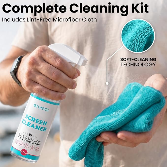 EVEO® TV Screen Cleaner Spray (Streak-Free) TV Screen Cleaner for Smart TV, LCD, LED, OLED | Computer Screen Cleaner Spray and Wipe Microfiber Cloth for TV, Monitor, Laptop, iPad, Car, Tesla & More