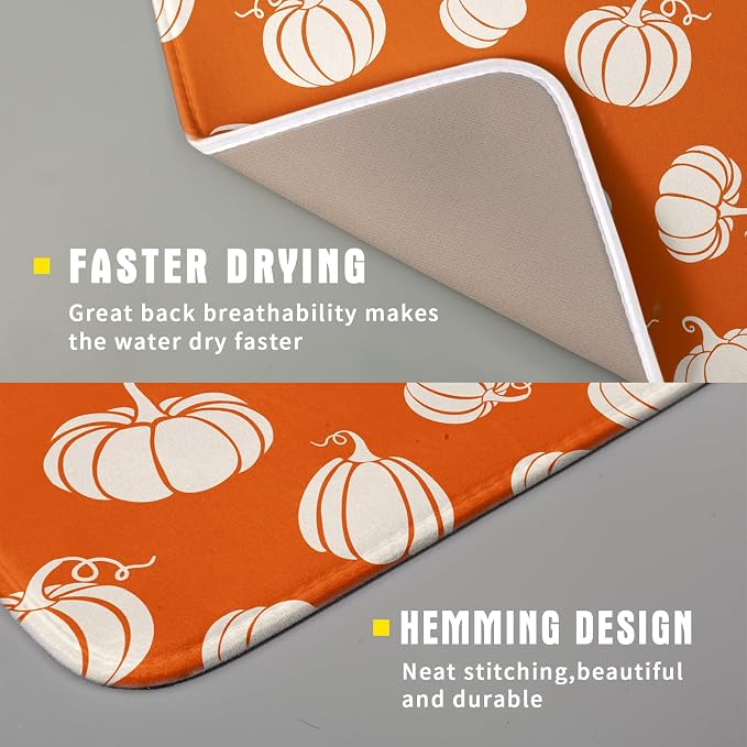 Fall Dish Drying Mat for Kitchen Counter Autumn White Pumpkins Festival Microfiber Absorbent Dish Draining Reusable Washable Foldable 16"x18"