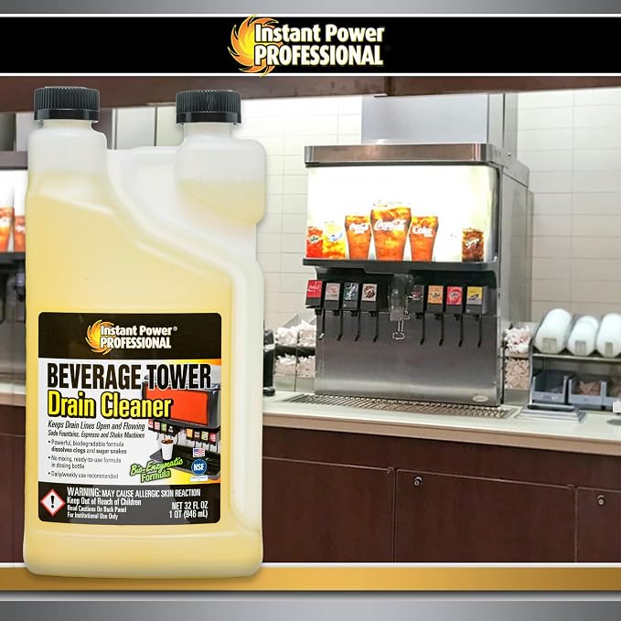 Instant Power Beverage Tower Drain Cleaner - Sink Clog Remover, Drain Defense for Beverage Systems, Made in USA - 32 Fl Oz 12 Pack