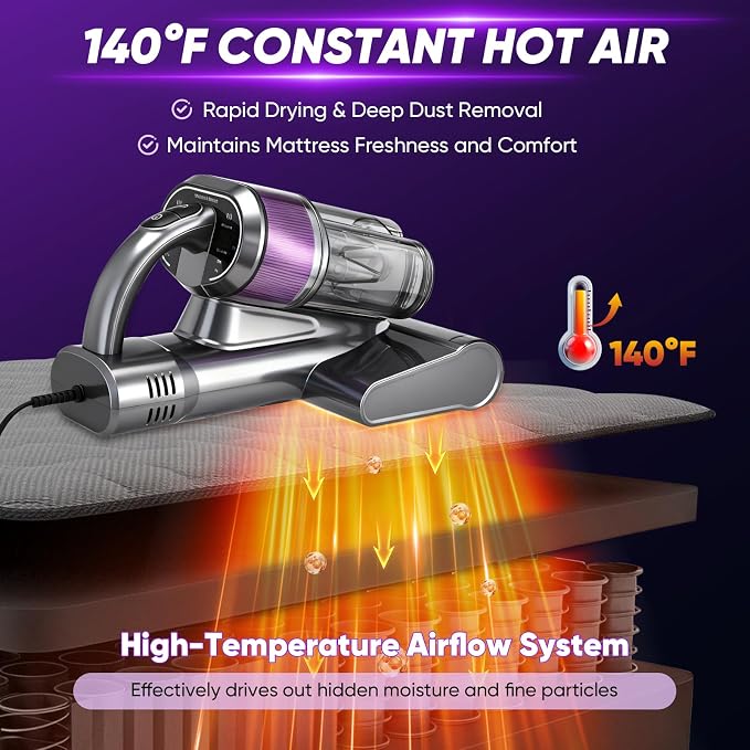 Saker Mattress Vacuum Cleaner, Handheld Bed Vacuum Cleaner with 16KPa Suction UVC Light, 140°F Heated Air, HEPA Filter, Aroma Function, 16.4FT Cord for Cleaning Bed, Sofa, and Couch