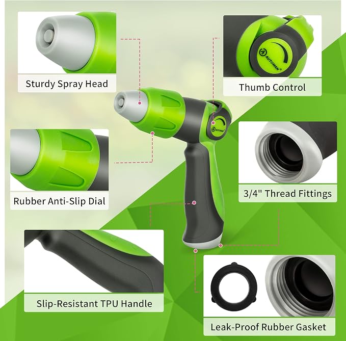 AUTOMAN Garden Hose Nozzle - 2 Pack, Thumb Control Sprayer, Slip-Resistant Water Nozzle, Extra 4 Washers, for Watering Plants Lawn & Garden, Cleaning, Washing Car, Showering Pets